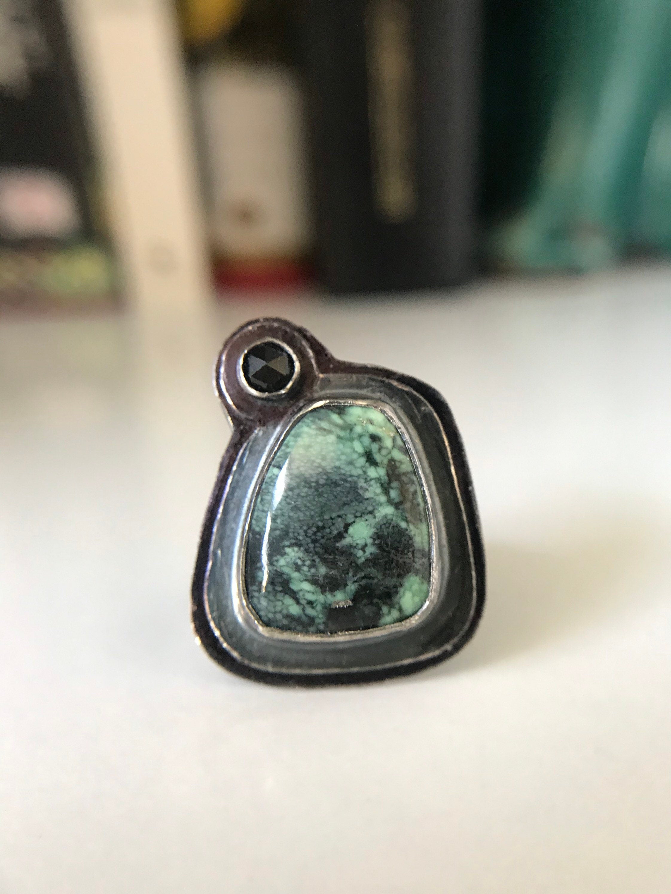 Neptune Variscite and Black Spinel Ring