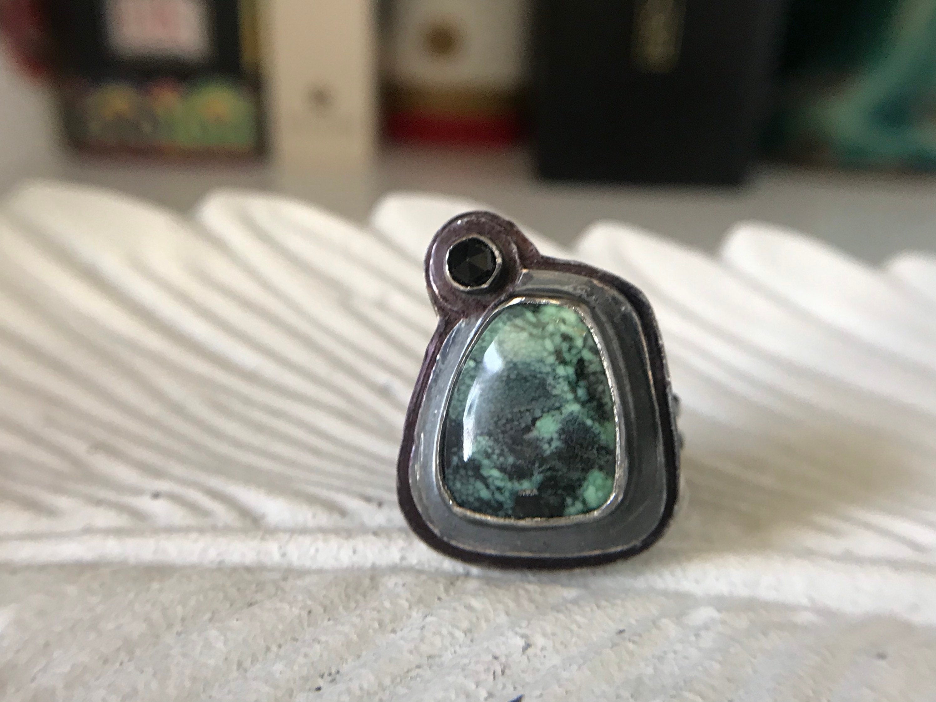 Neptune Variscite and Black Spinel Ring