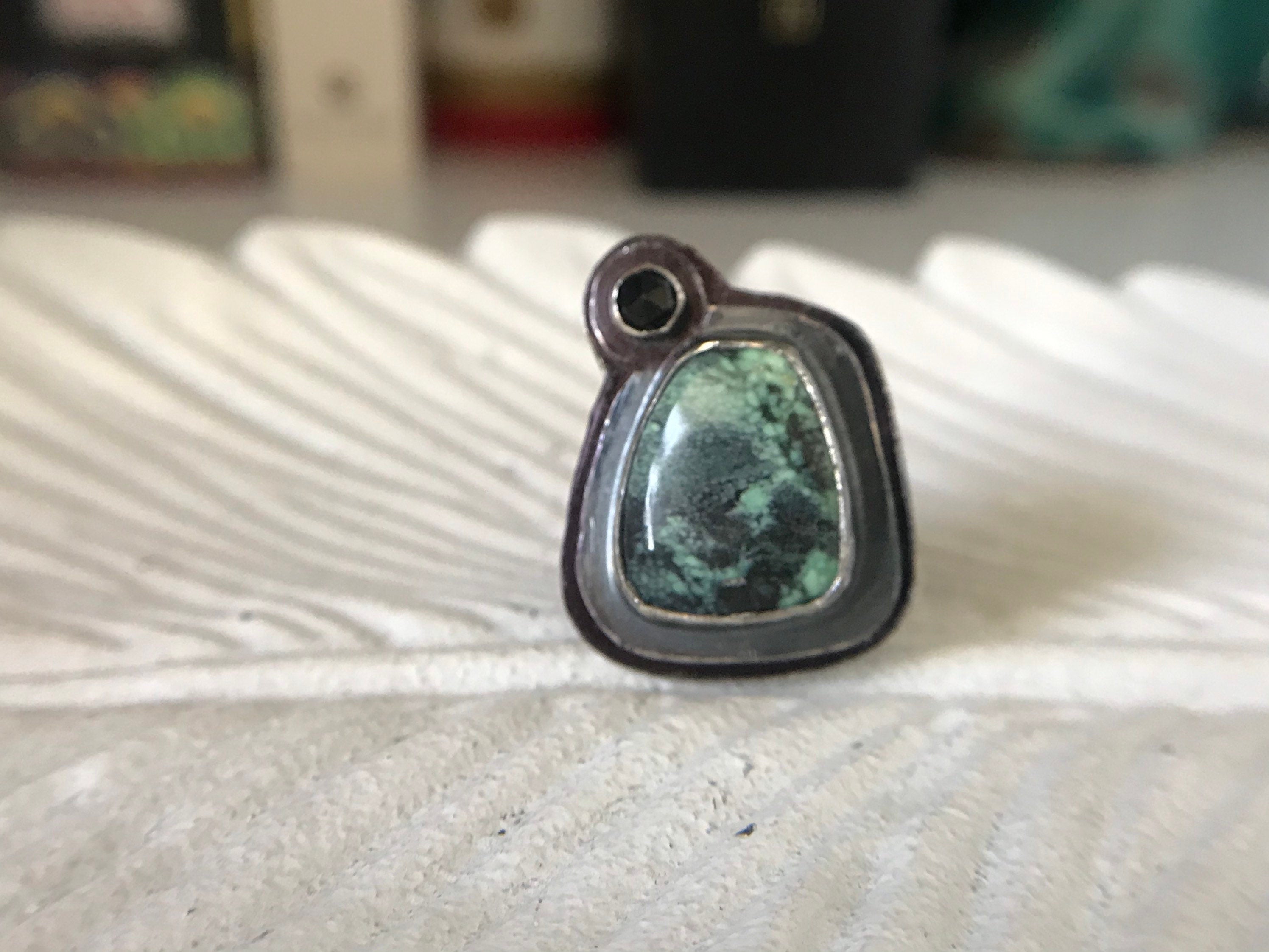 Neptune Variscite and Black Spinel Ring