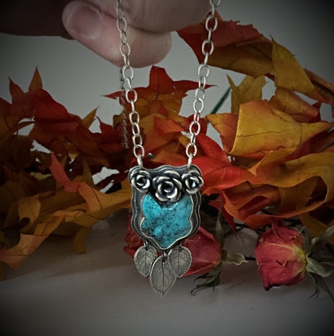 Turquoise Fox and Roses Pendant