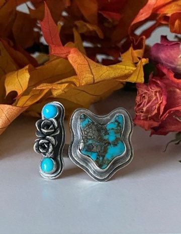 Open Concept Turquoise Fox and Rose Adjustable Ring