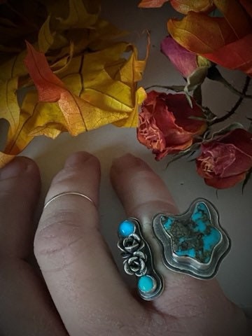 Open Concept Turquoise Fox and Rose Adjustable Ring