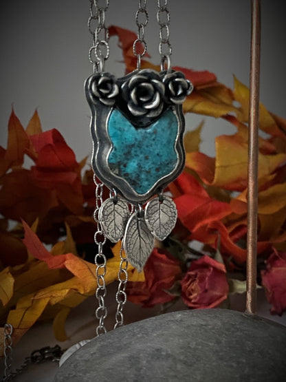 Turquoise Fox and Roses Pendant