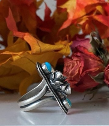 Open Concept Turquoise Fox and Rose Adjustable Ring