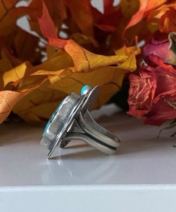 Open Concept Turquoise Fox and Rose Adjustable Ring