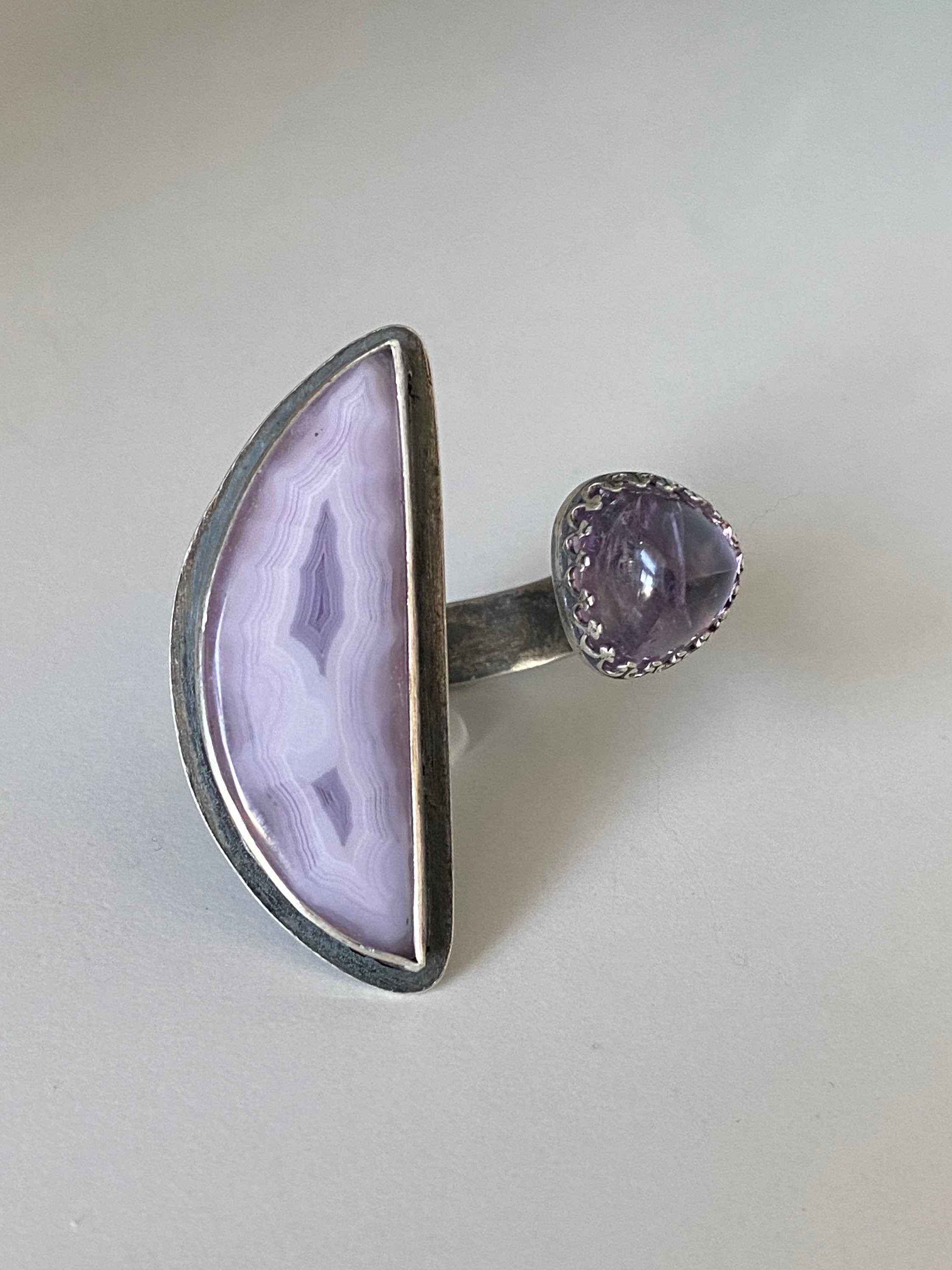 Open Concept Purple Coyamito Agate and Lavender Amethyst Adjustable Ring