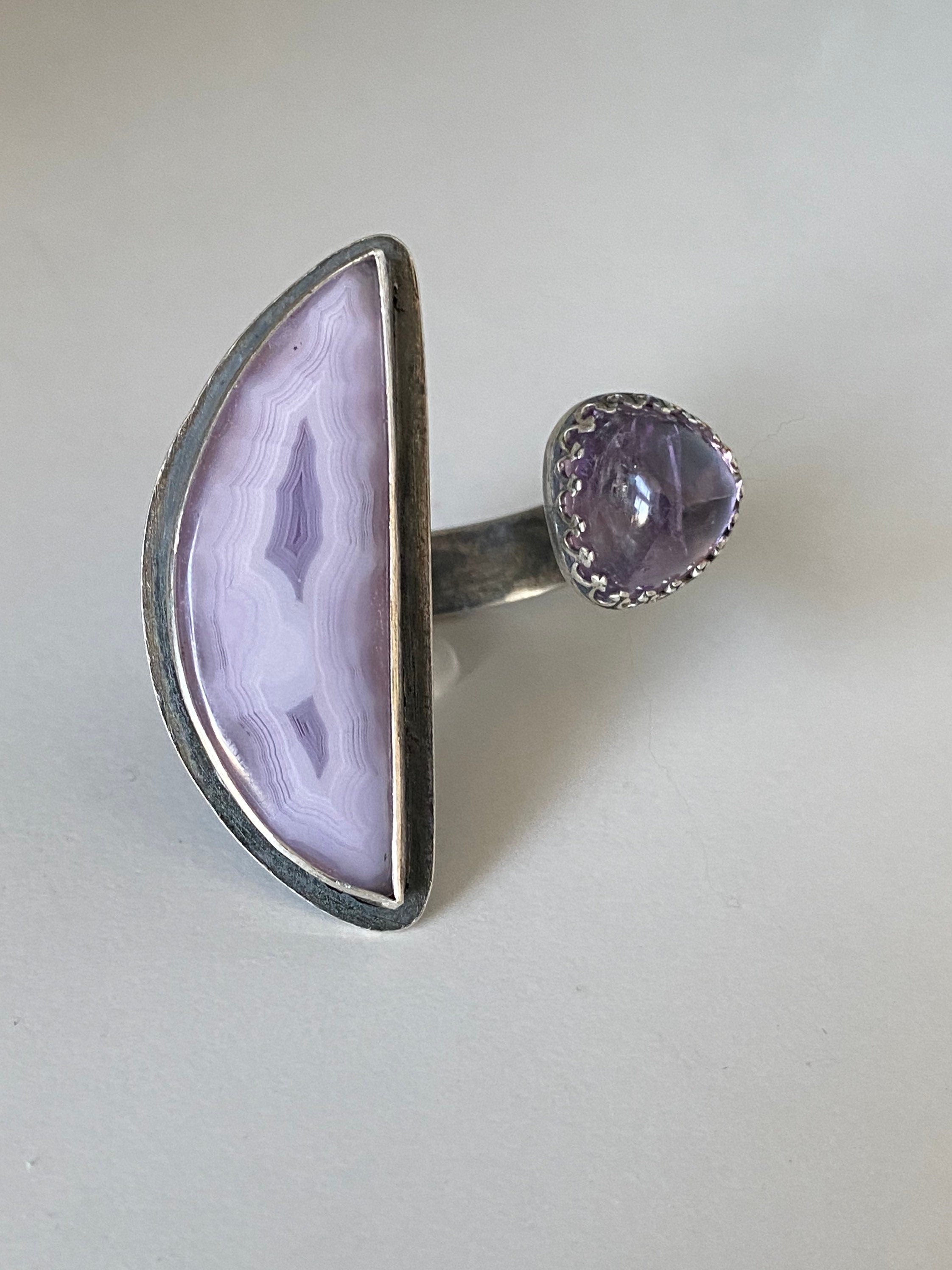 Open Concept Purple Coyamito Agate and Lavender Amethyst Adjustable Ring