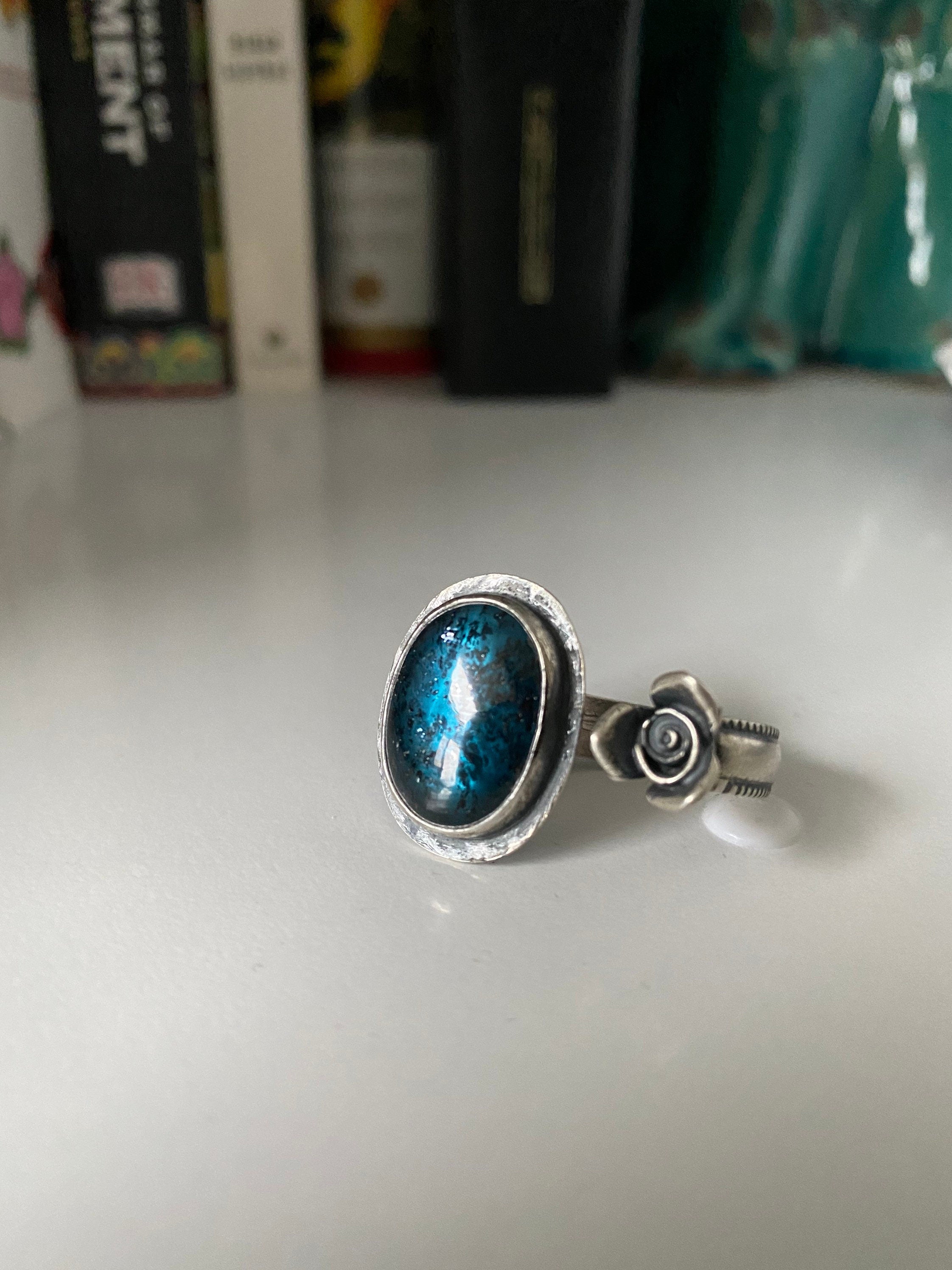 Open Concept Adjustable Teal Kyanite and Rose Ring
