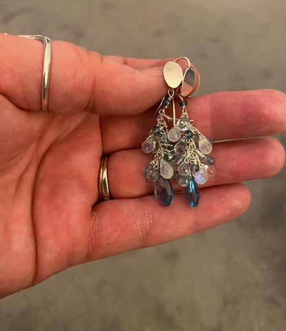 Beautiful London Blue Topaz, Aquamarine, and Moonstone Cluster Earrings