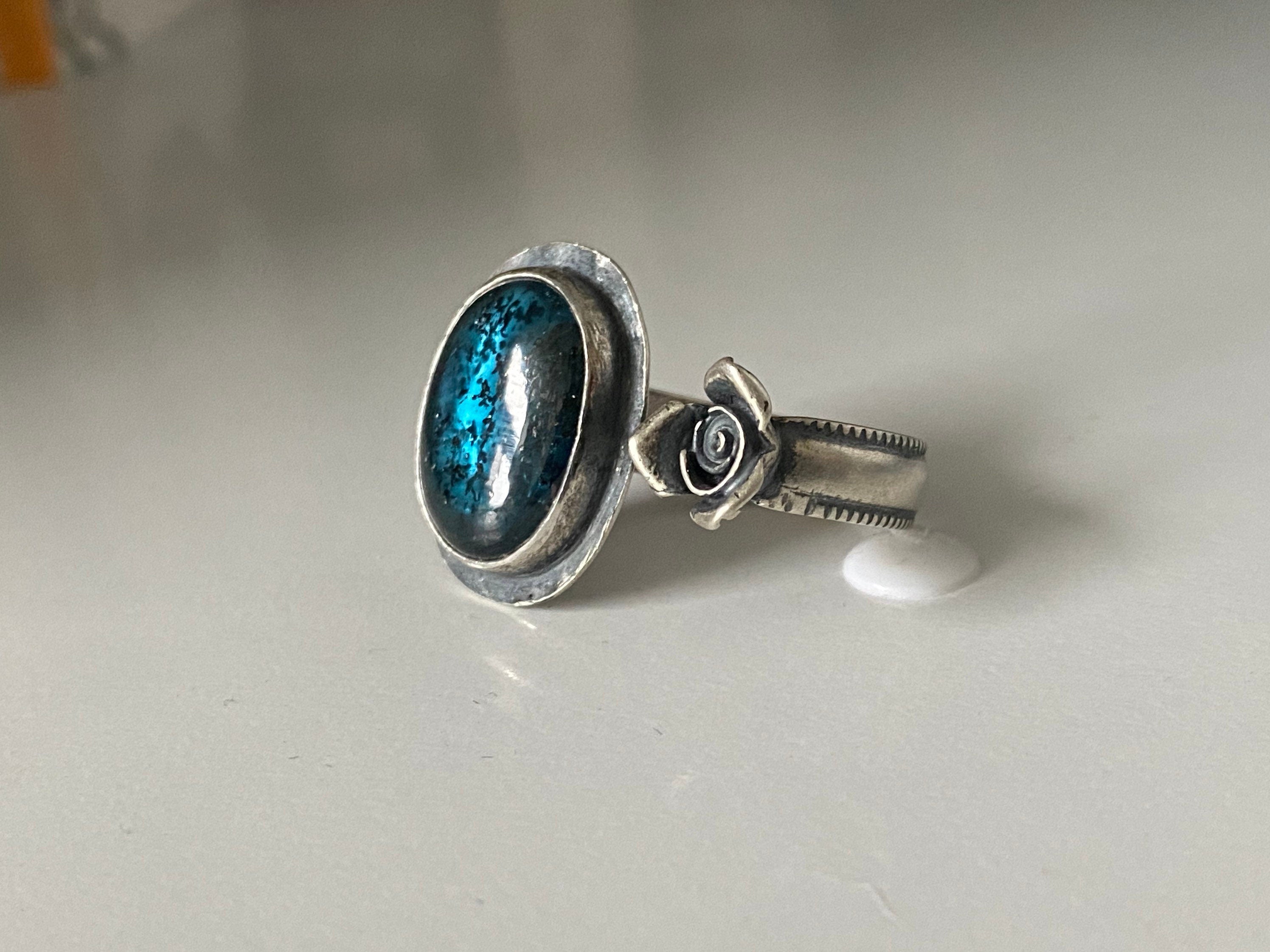 Open Concept Adjustable Teal Kyanite and Rose Ring