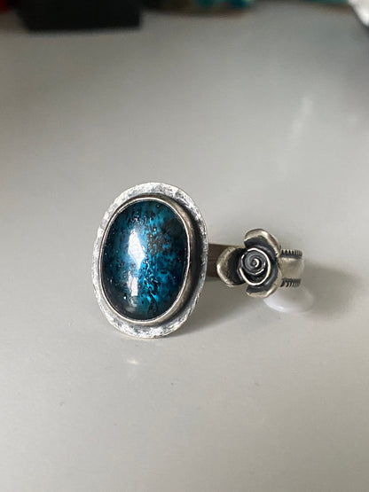 Open Concept Adjustable Teal Kyanite and Rose Ring