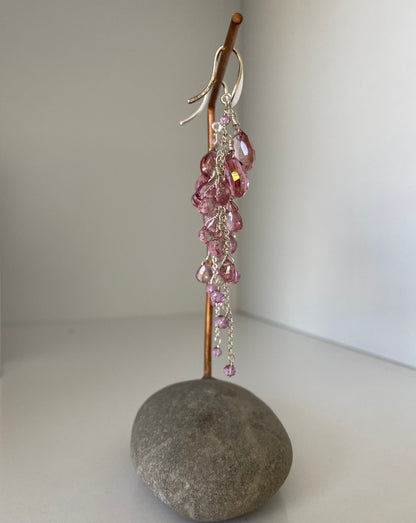 Bright Pink Topaz Reverse Cluster Long Dangle Silver Earrings