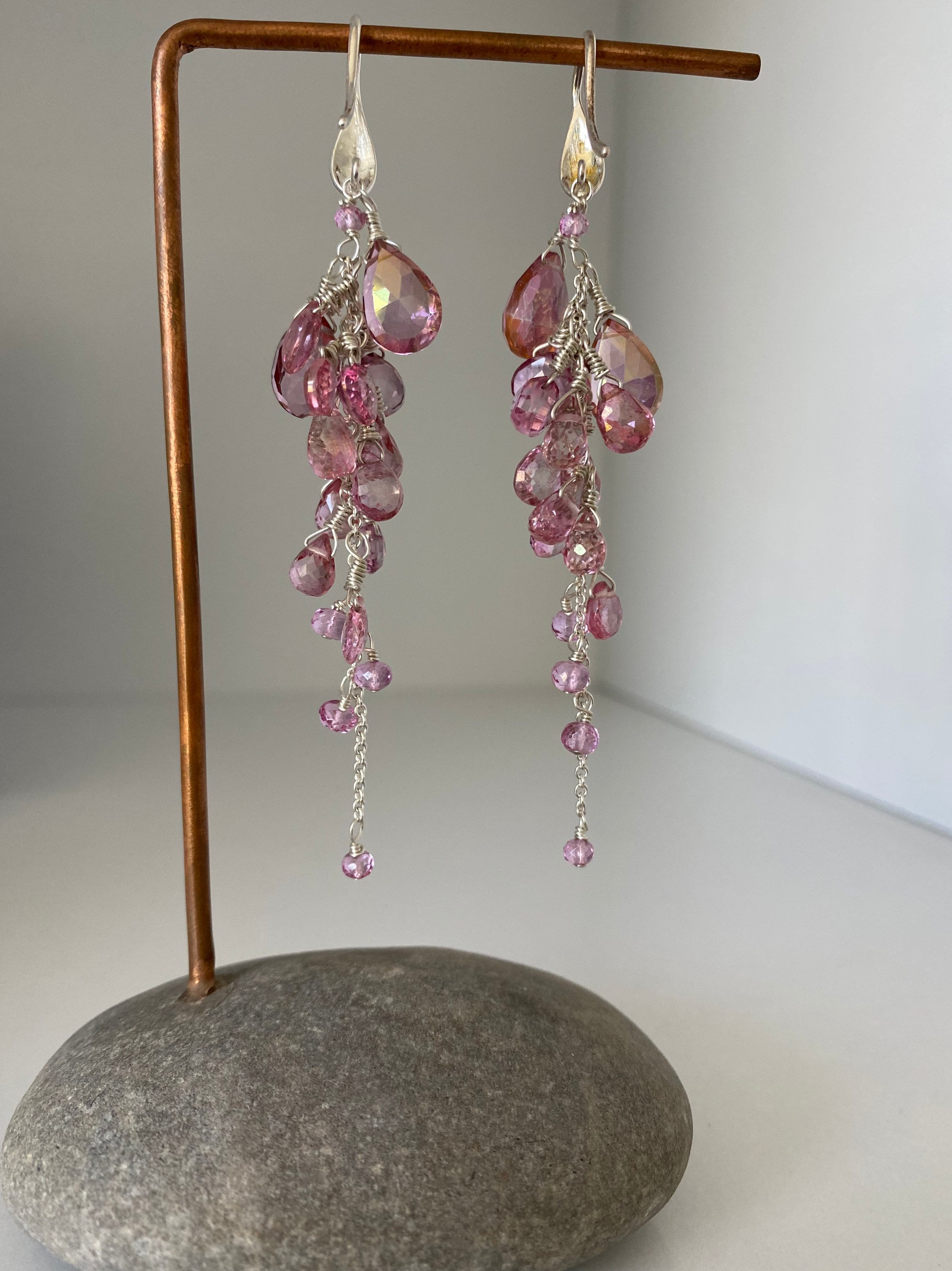 Bright Pink Topaz Reverse Cluster Long Dangle Silver Earrings