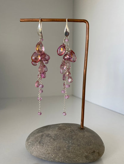 Bright Pink Topaz Reverse Cluster Long Dangle Silver Earrings
