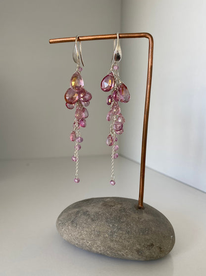 Bright Pink Topaz Reverse Cluster Long Dangle Silver Earrings
