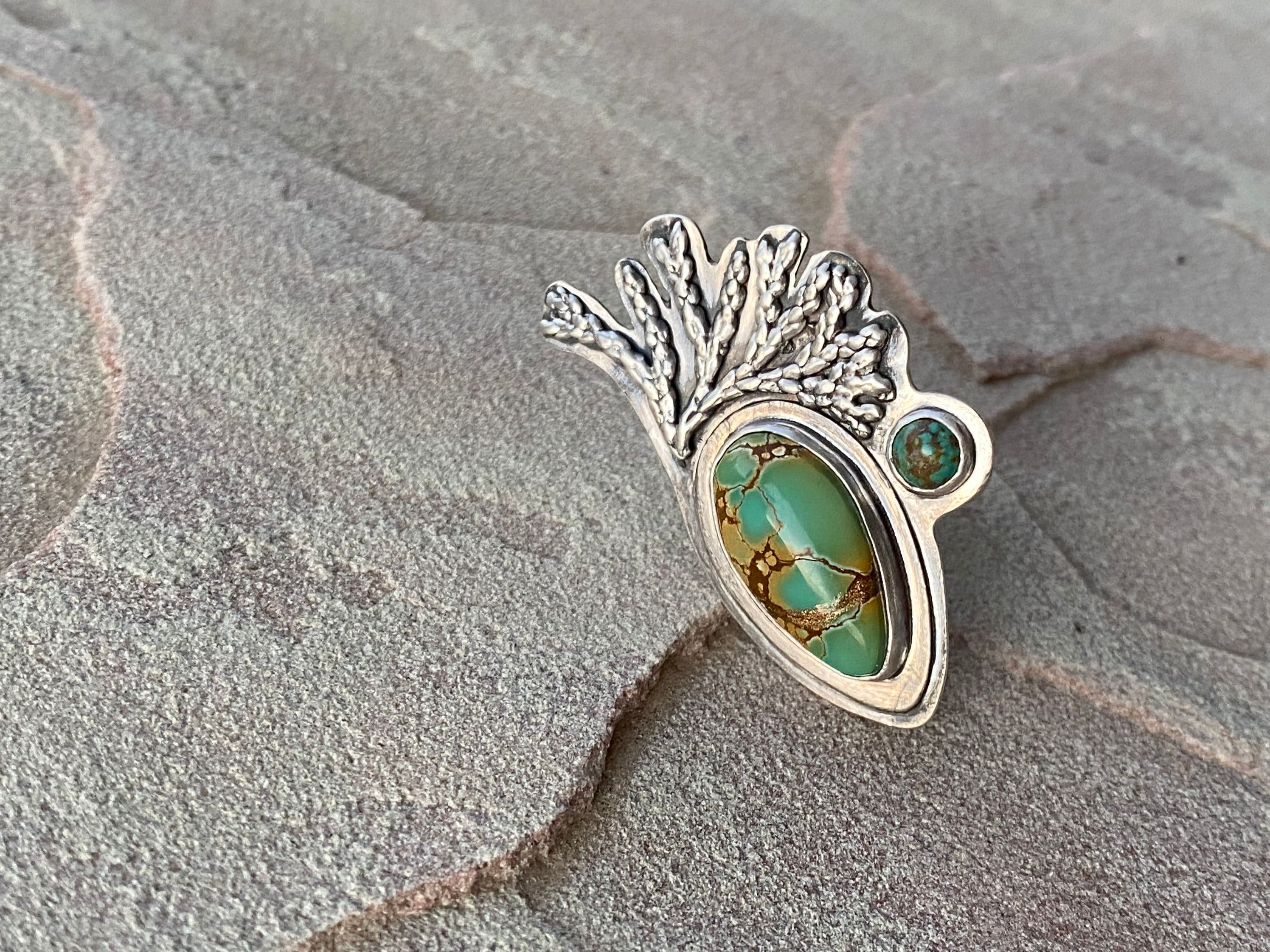 Kintsugi Iron Maiden and Carico Lake Turquoise Cast Silver Cedar Ring