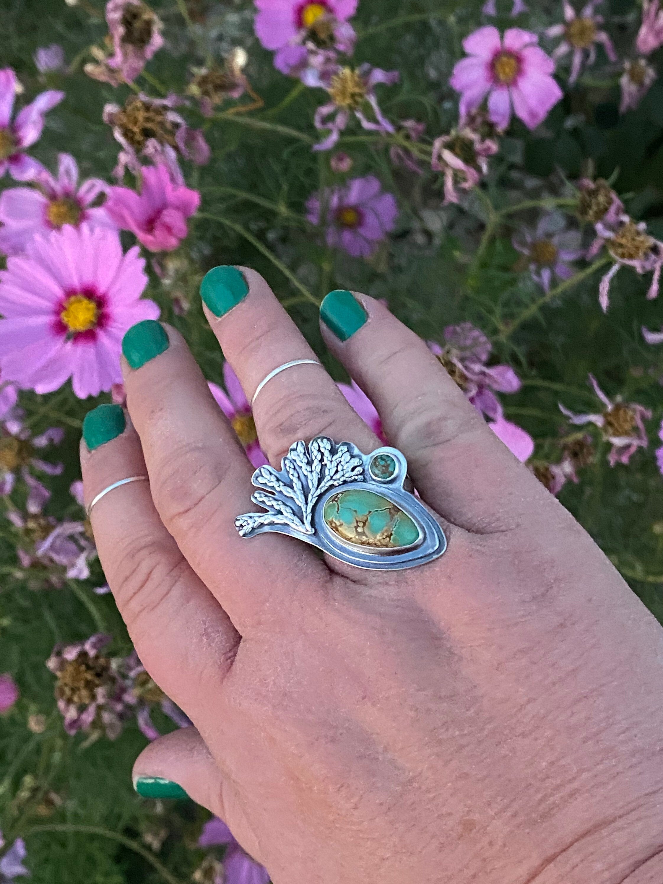 Kintsugi Iron Maiden and Carico Lake Turquoise Cast Silver Cedar Ring