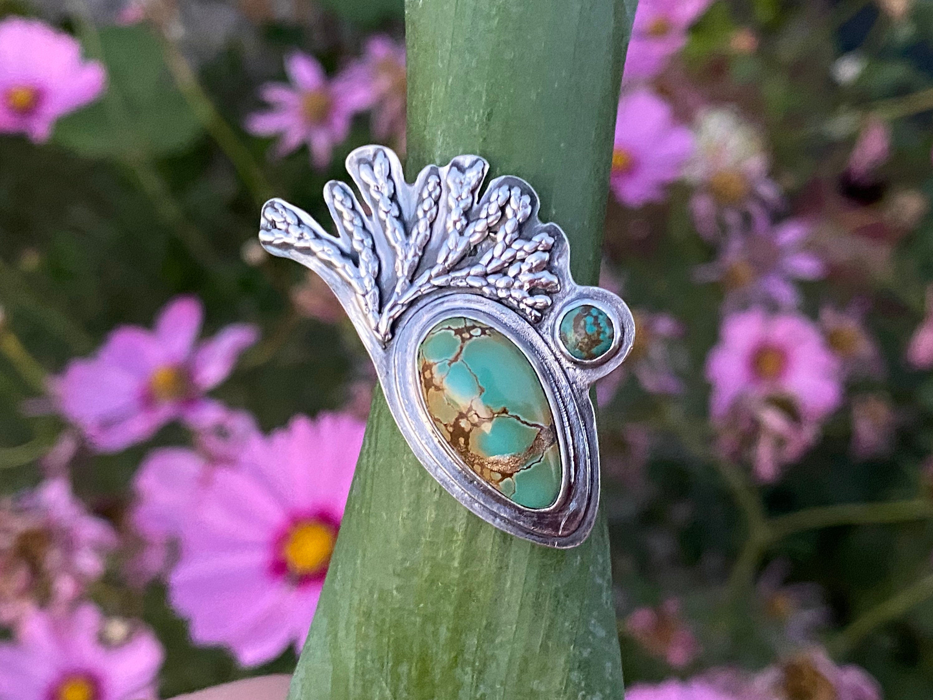 Kintsugi Iron Maiden and Carico Lake Turquoise Cast Silver Cedar Ring