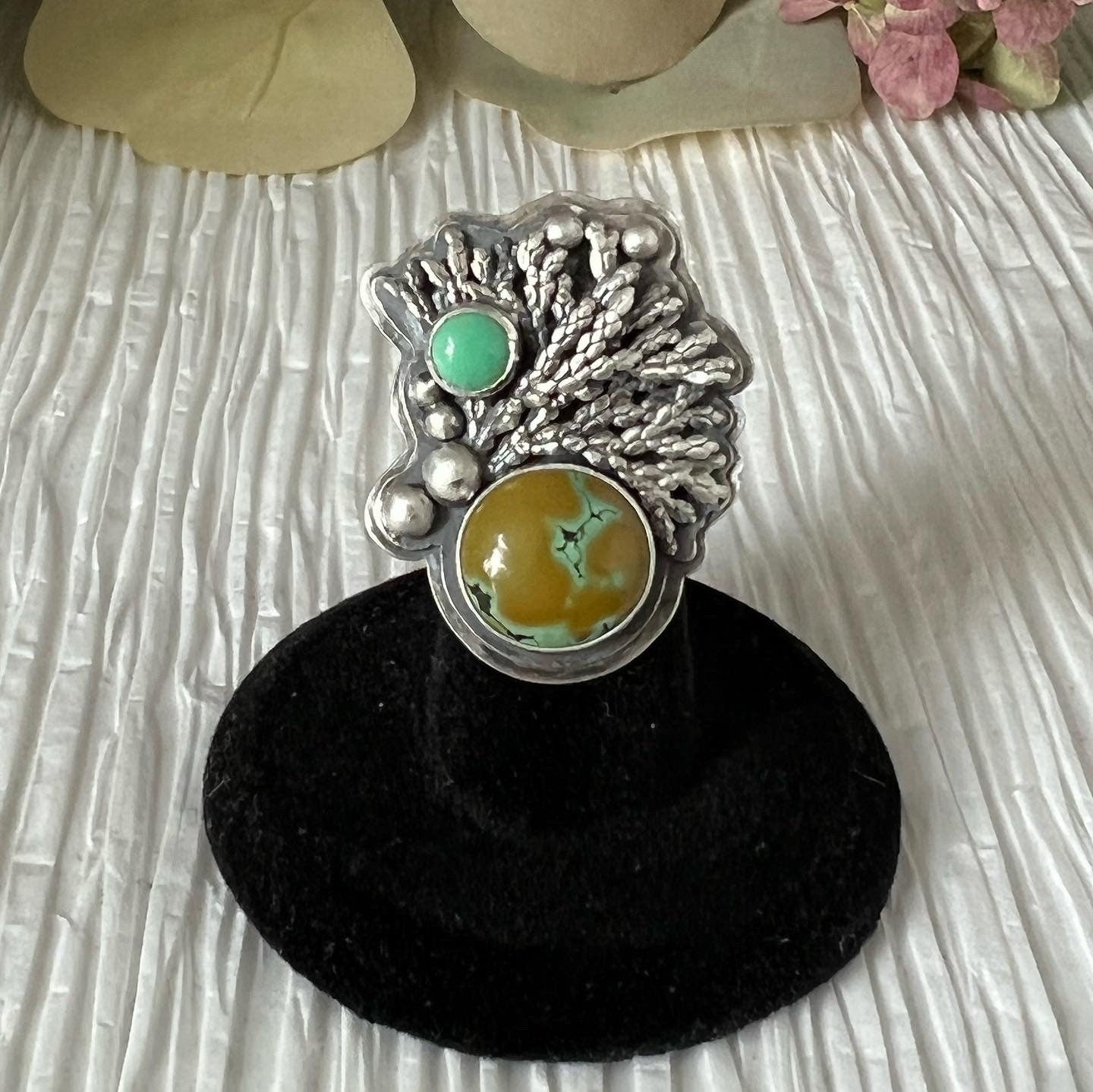 Hubei Turquoise and New Lander Variscite Cedar Silver Ring
