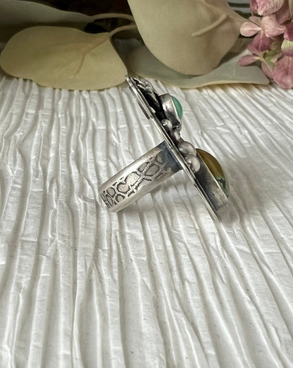 Hubei Turquoise and New Lander Variscite Cedar Silver Ring
