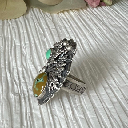 Hubei Turquoise and New Lander Variscite Cedar Silver Ring