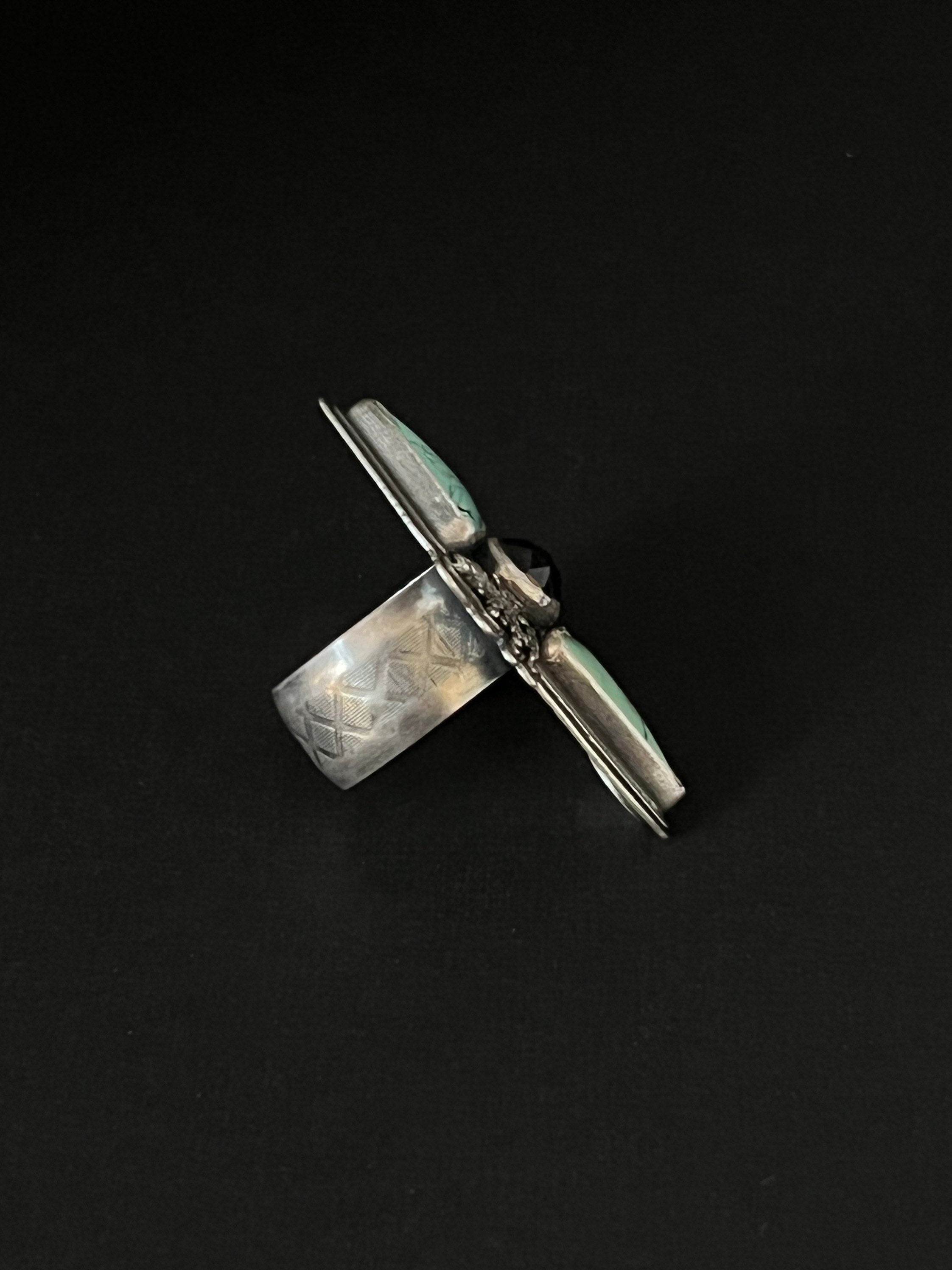 Wild Horse Turquoise and Black Spinel Silver Cedar Ring