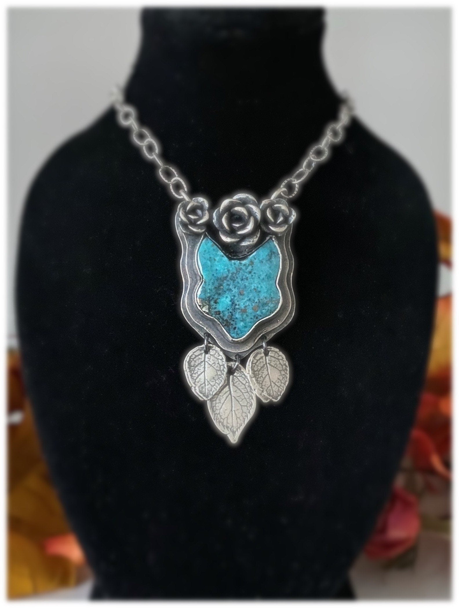 Turquoise Fox and Roses Pendant