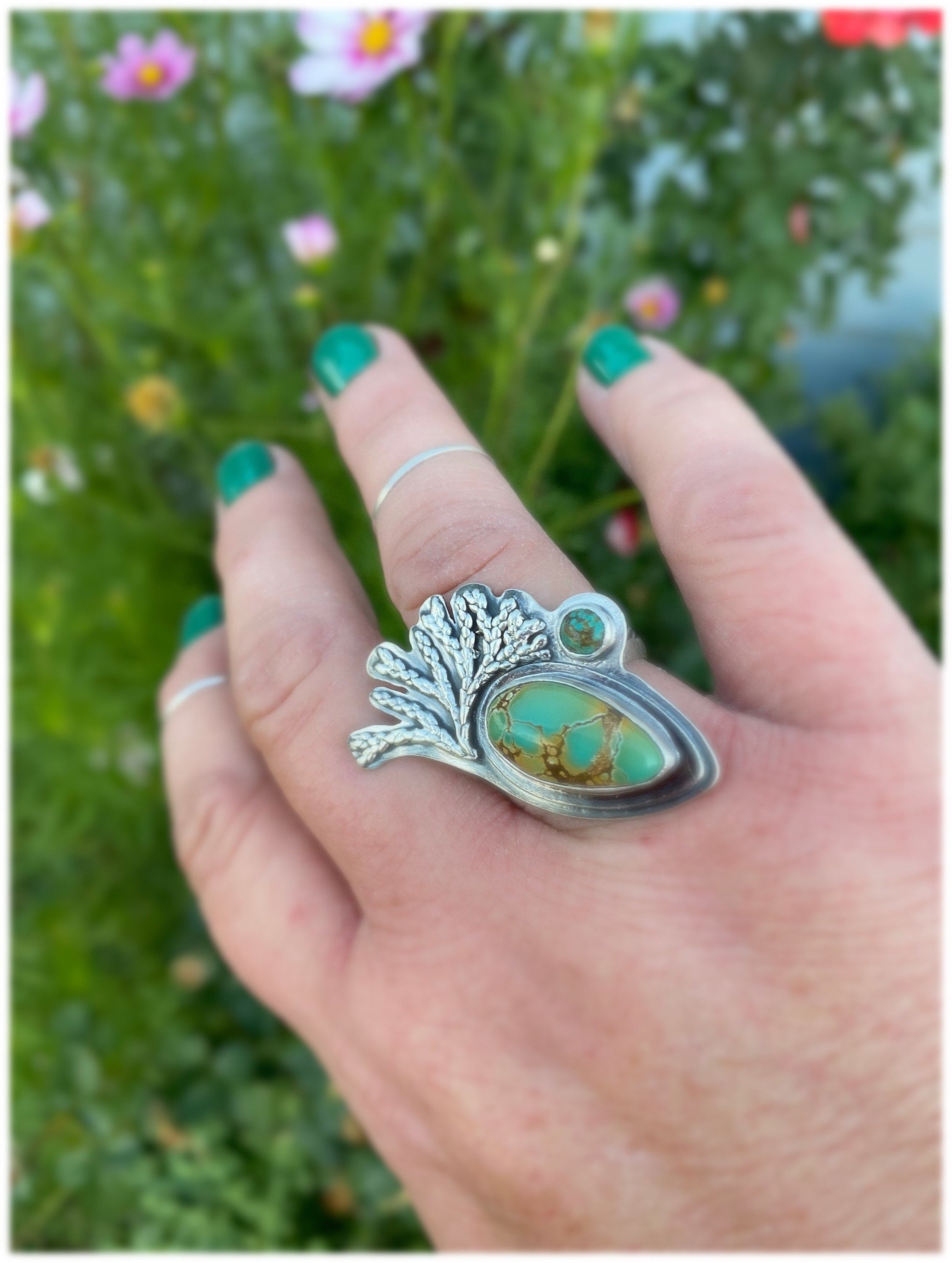 Kintsugi Iron Maiden and Carico Lake Turquoise Cast Silver Cedar Ring