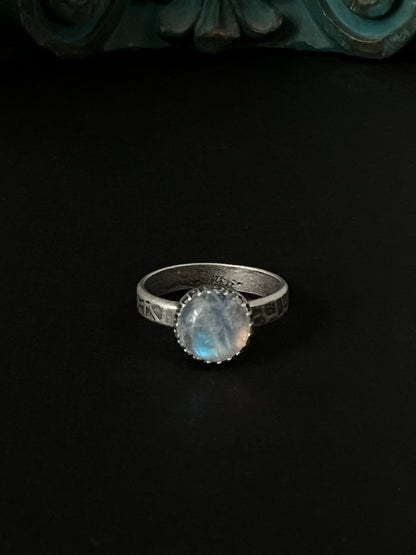 Round Rainbow Moonstone Solitaire Stacking Ring - Size 7.75 ~ Sea Ice Collection