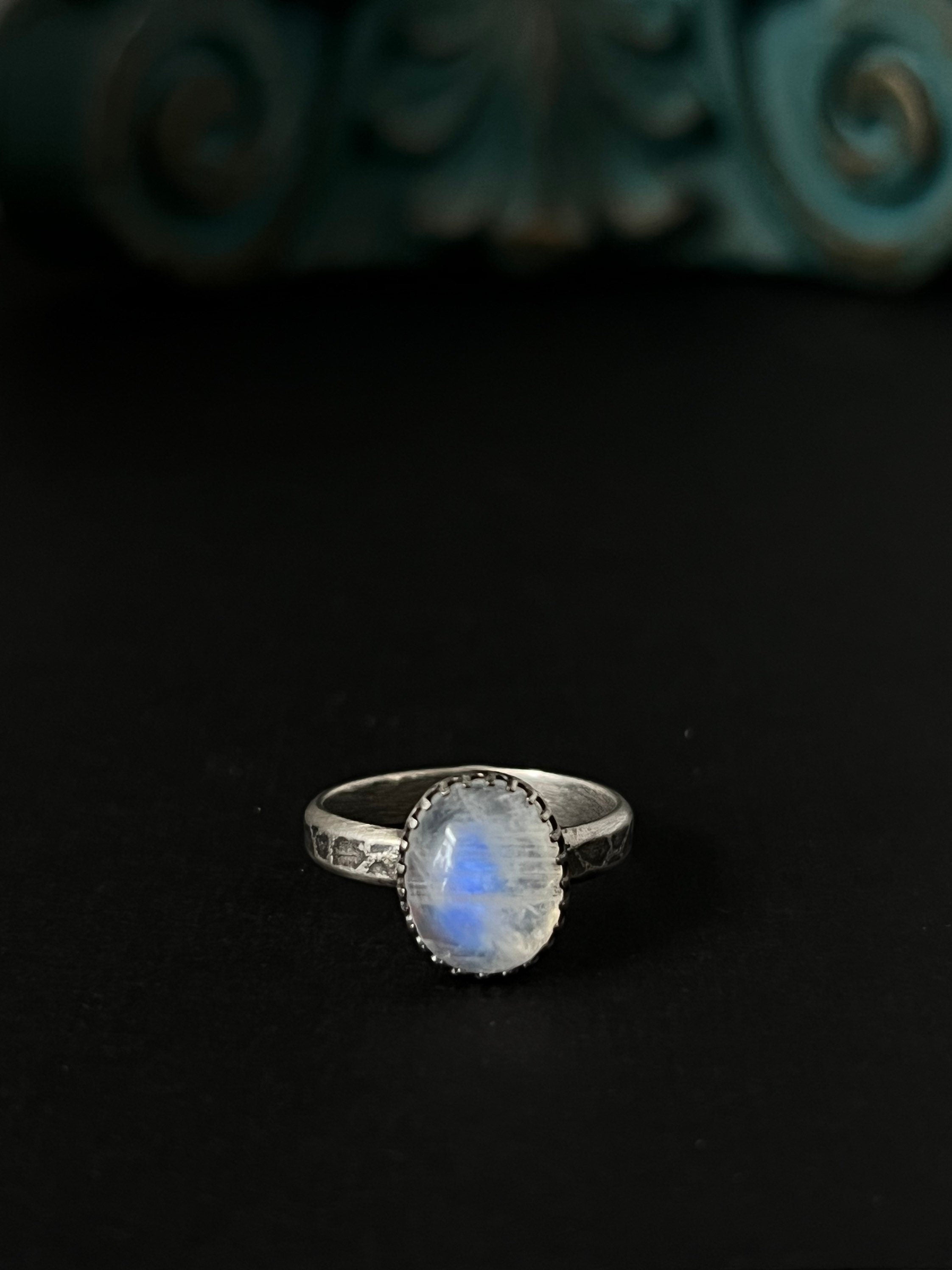 Oval Rainbow Moonstone Solitaire Stacking Ring - Size 7.5 ~ Sea Ice Collection