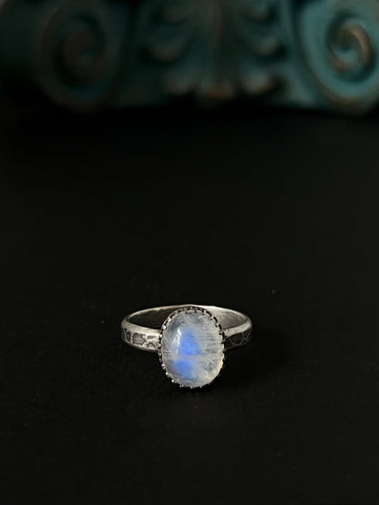 Oval Rainbow Moonstone Solitaire Stacking Ring - Size 7.5 ~ Sea Ice Collection