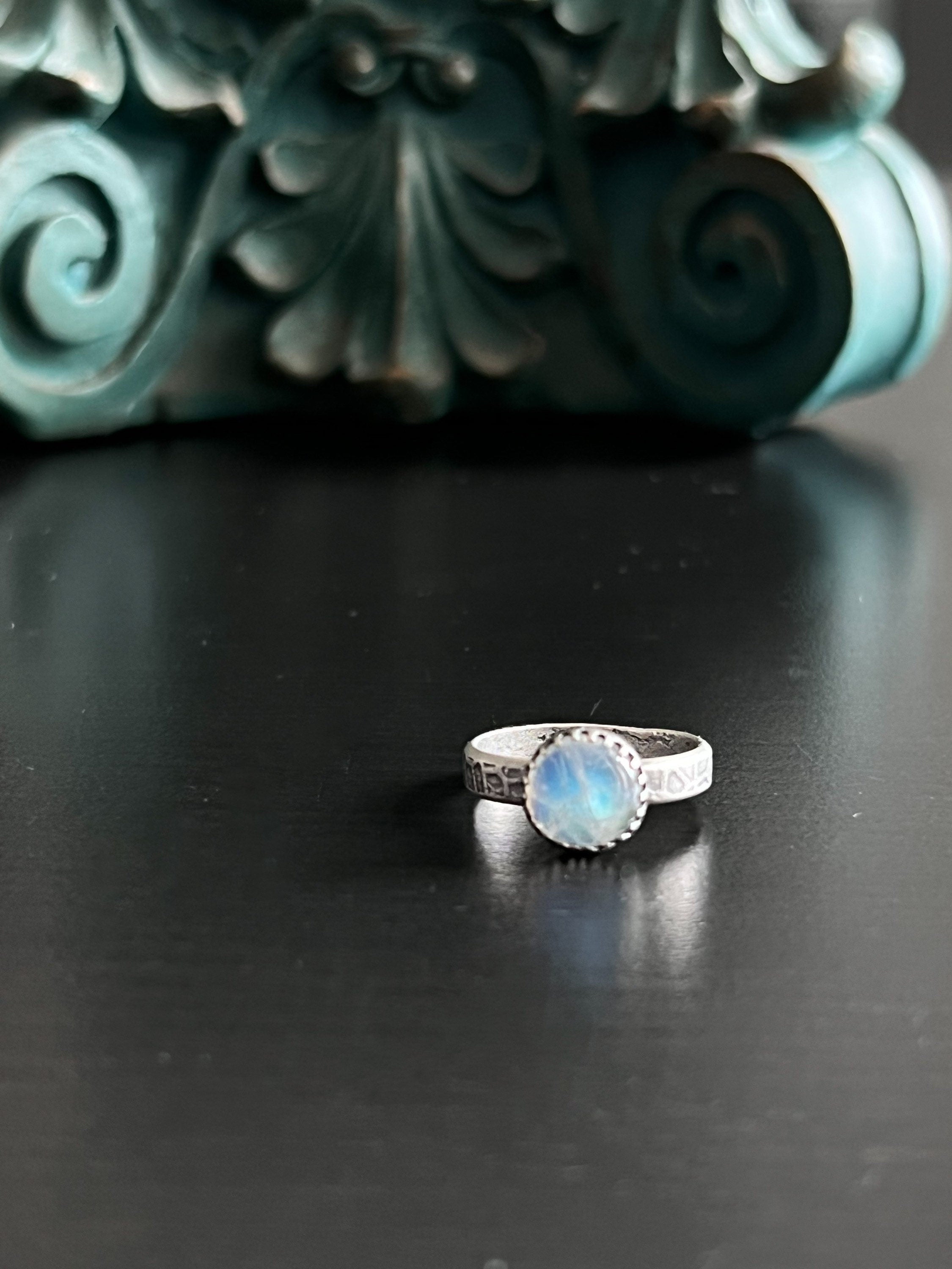 Round Rainbow Moonstone Solitaire Stacking Ring - Size 7.75 ~ Sea Ice Collection