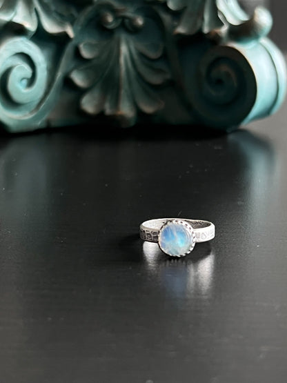 Round Rainbow Moonstone Solitaire Stacking Ring - Size 7.75 ~ Sea Ice Collection