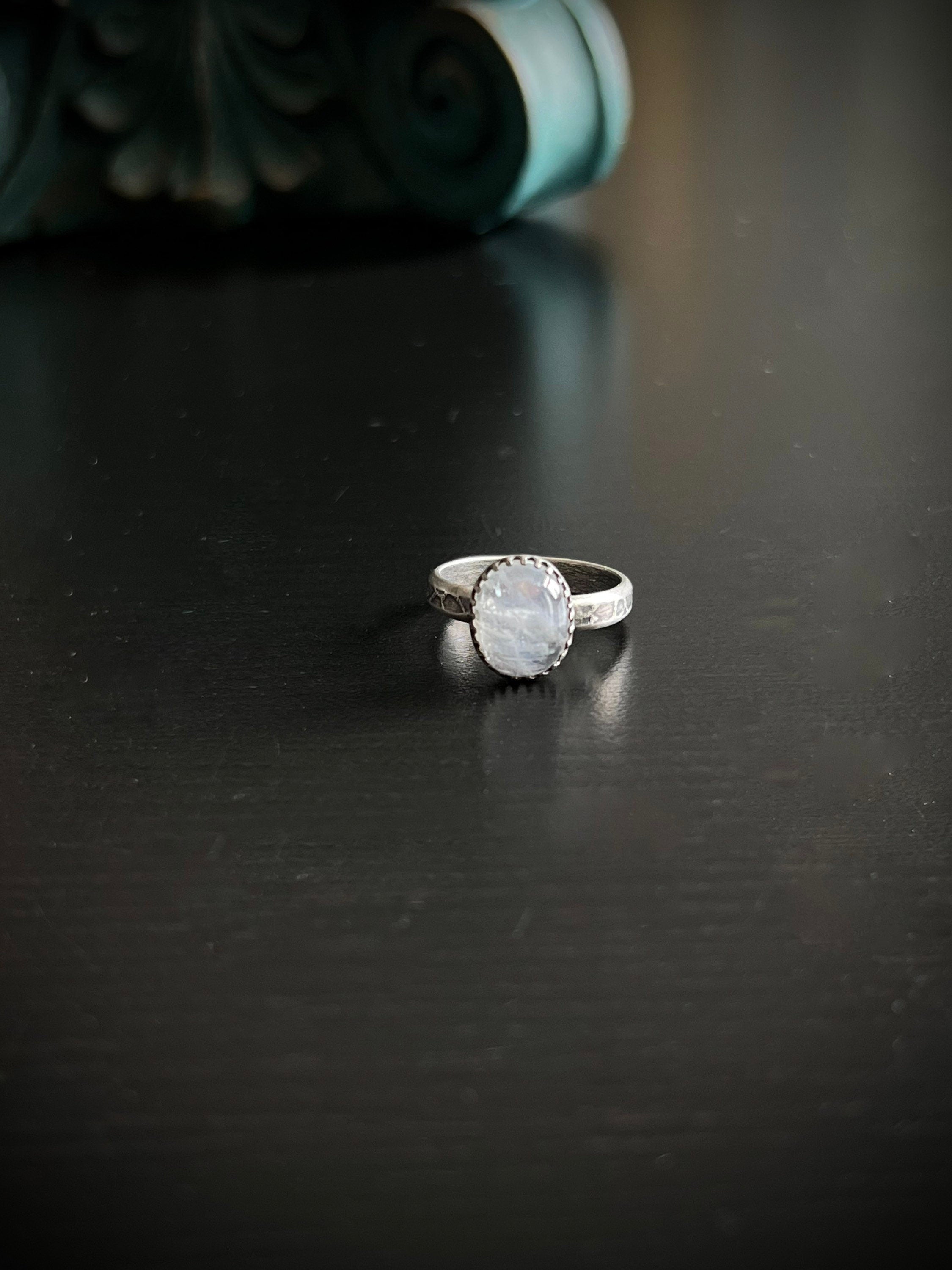 Oval Rainbow Moonstone Solitaire Stacking Ring - Size 7.5 ~ Sea Ice Collection