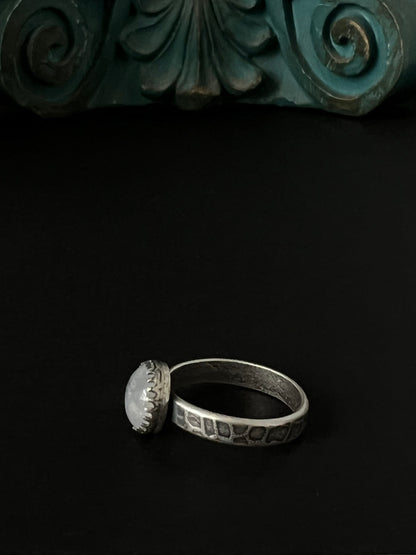 Round Rainbow Moonstone Solitaire Stacking Ring - Size 7.75 ~ Sea Ice Collection
