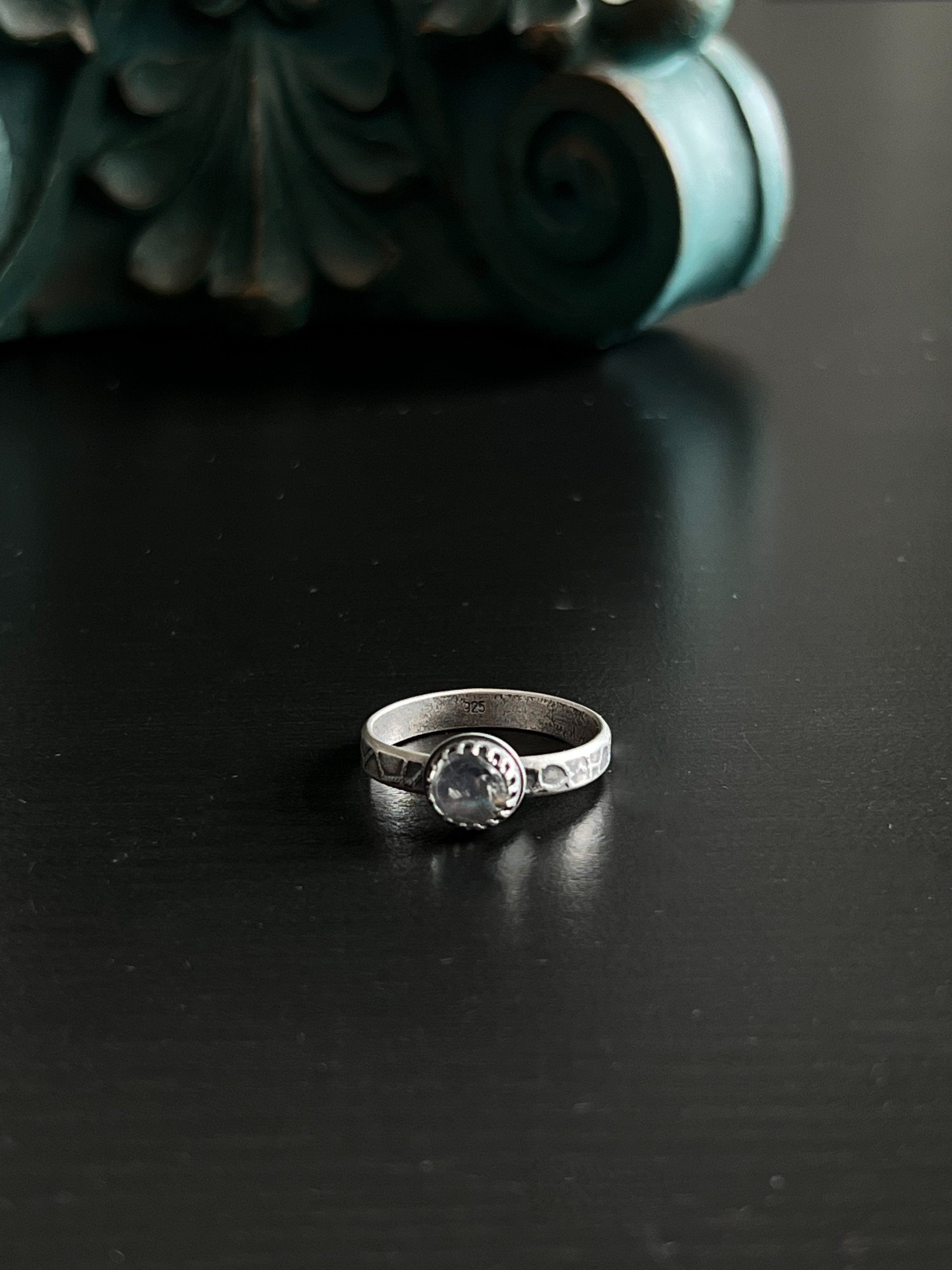 Round Rainbow Moonstone Solitaire Stacking Ring - Size 10.5 ~ Sea Ice Collection