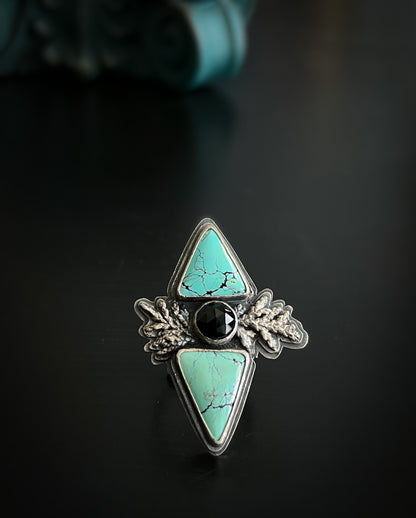 Wild Horse Turquoise and Black Spinel Silver Cedar Ring