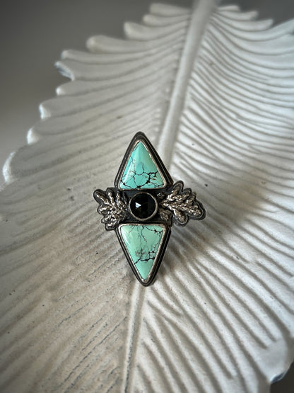Wild Horse Turquoise and Black Spinel Silver Cedar Ring