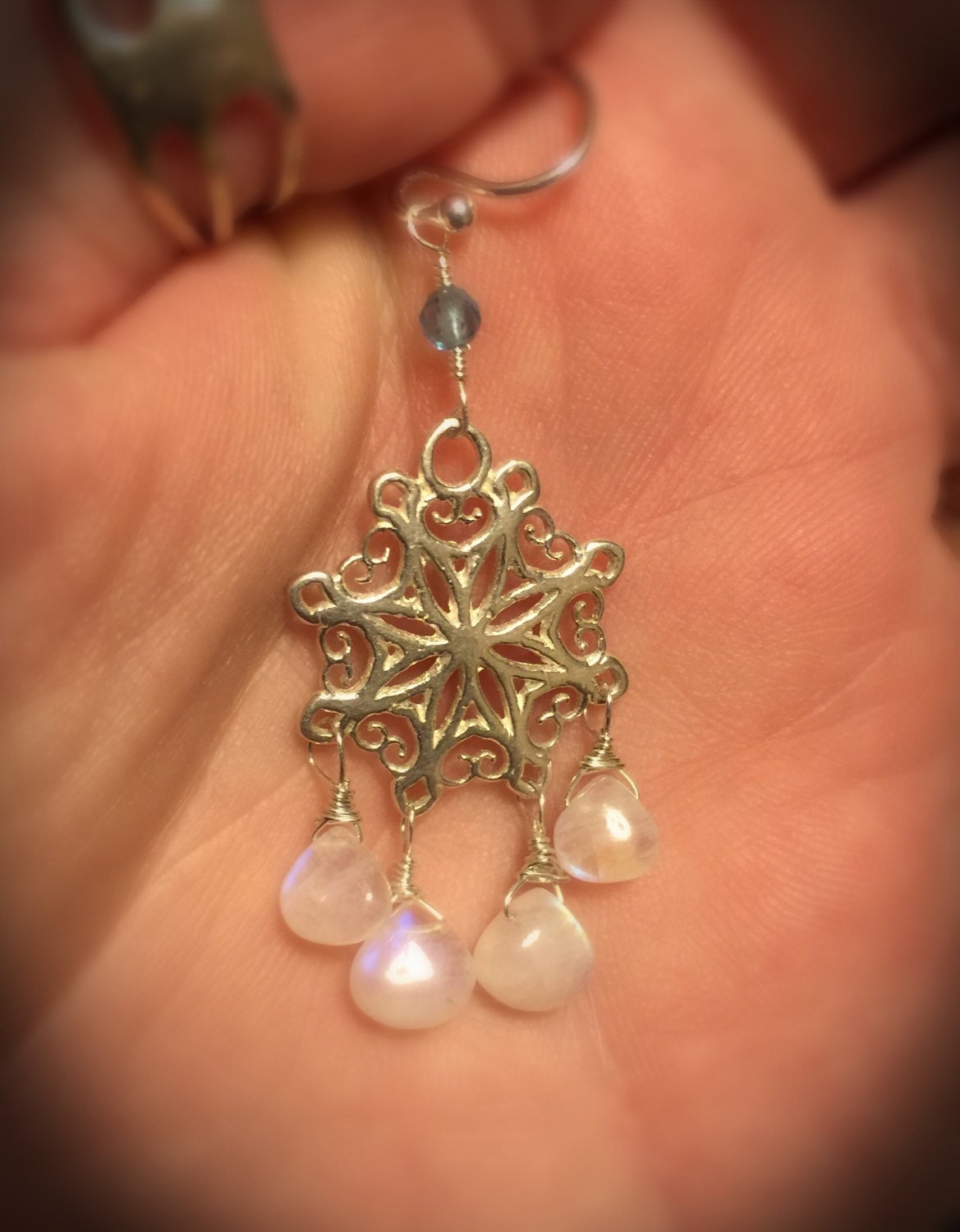 Rainbow Moonstone and Swiss Blue Topaz Snowflake Earrings