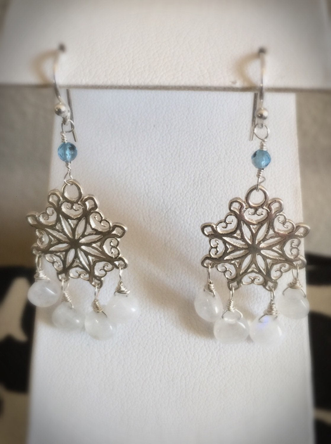 Rainbow Moonstone and Swiss Blue Topaz Snowflake Earrings