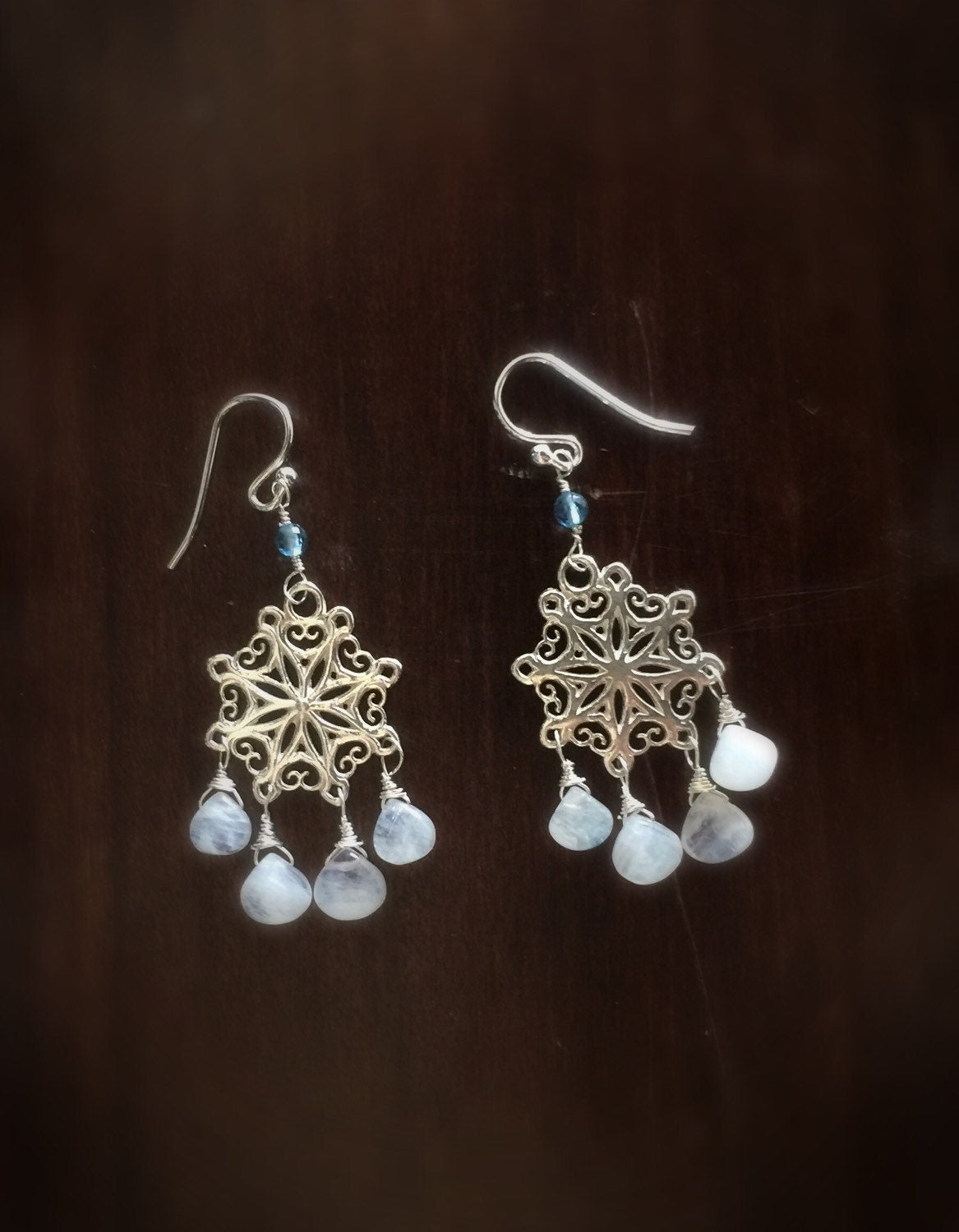 Rainbow Moonstone and Swiss Blue Topaz Snowflake Earrings