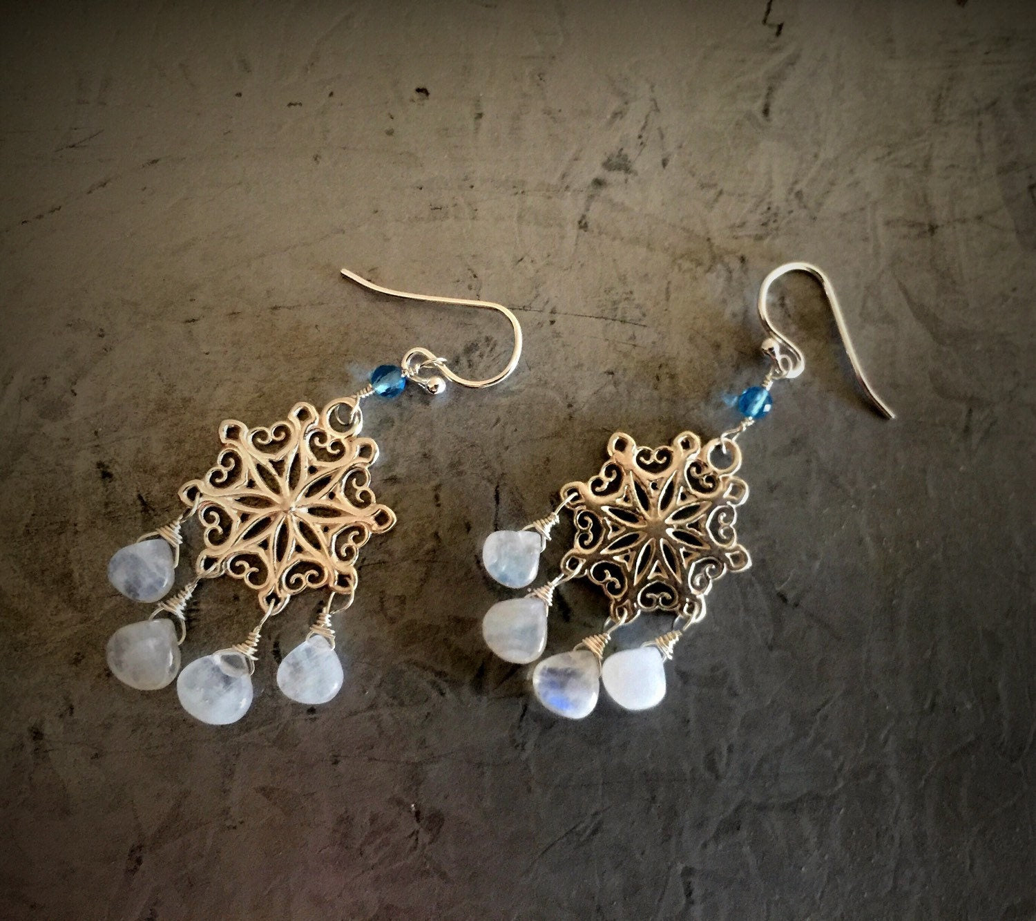 Rainbow Moonstone and Swiss Blue Topaz Snowflake Earrings