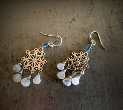 Rainbow Moonstone and Swiss Blue Topaz Snowflake Earrings