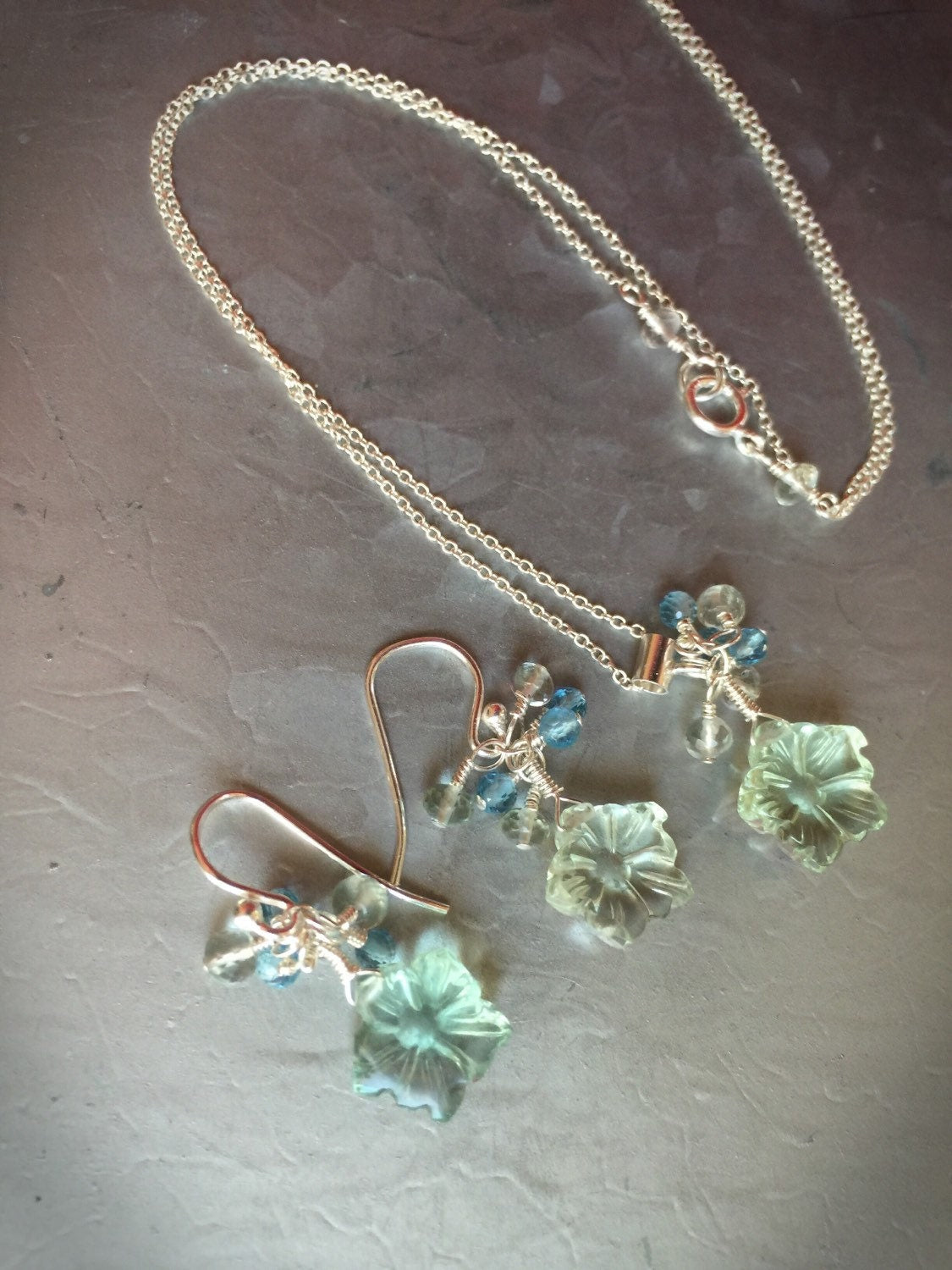 Cheerful Fluorite Carved Flowers Necklace and Earrings Set