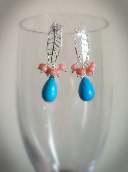Tibetan Turquoise and Coral Cluster Earrings