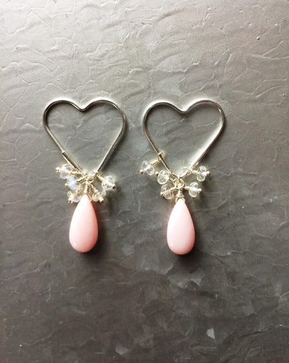 Petal Pink Opal and Ceylon Rainbow Moonstone Silver Heart Earrings