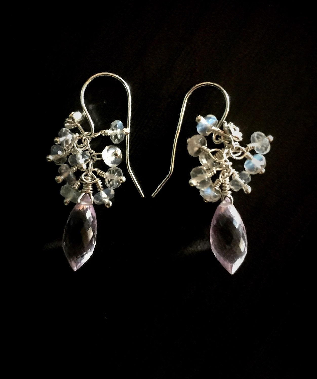 Petal Pink Amethyst and Ceylon  Moonstone Rose Earrings