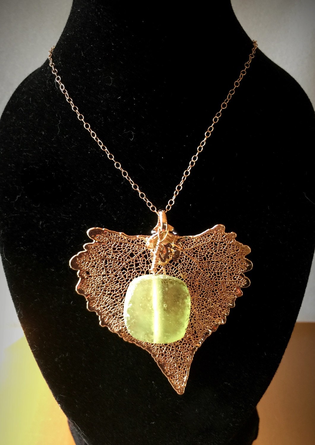 Rare Ancient Roman Glass and Rose Gold Dipped Cottonwood Leaf Necklace