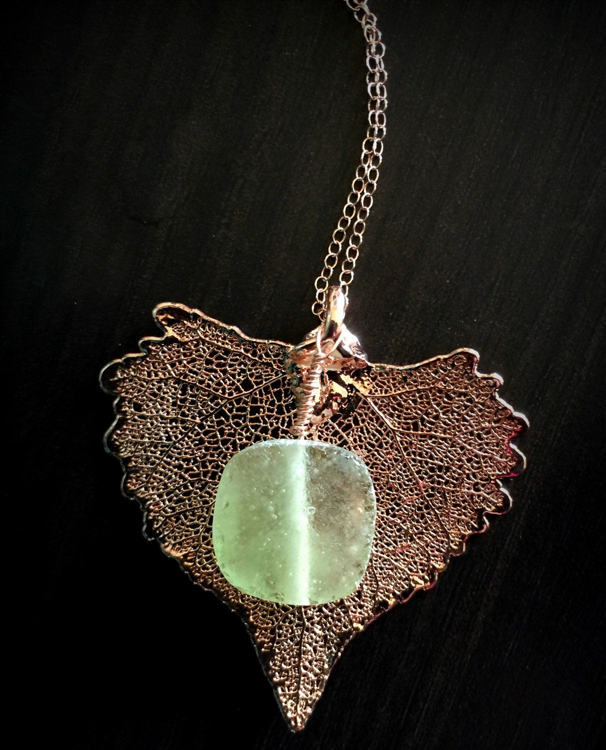 Rare Ancient Roman Glass and Rose Gold Dipped Cottonwood Leaf Necklace