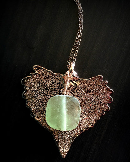 Rare Ancient Roman Glass and Rose Gold Dipped Cottonwood Leaf Necklace